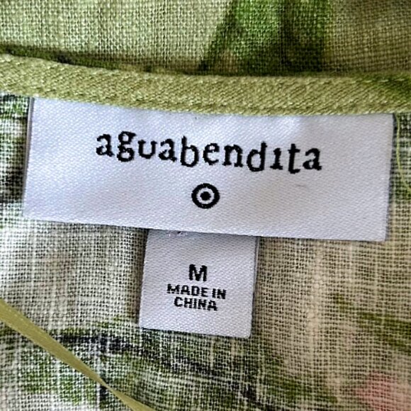 Agua Bendita Peony Print Linen-Blend Tie Wrap Crop Top Green Pink M Floral Wrap - Picture 8 of 10